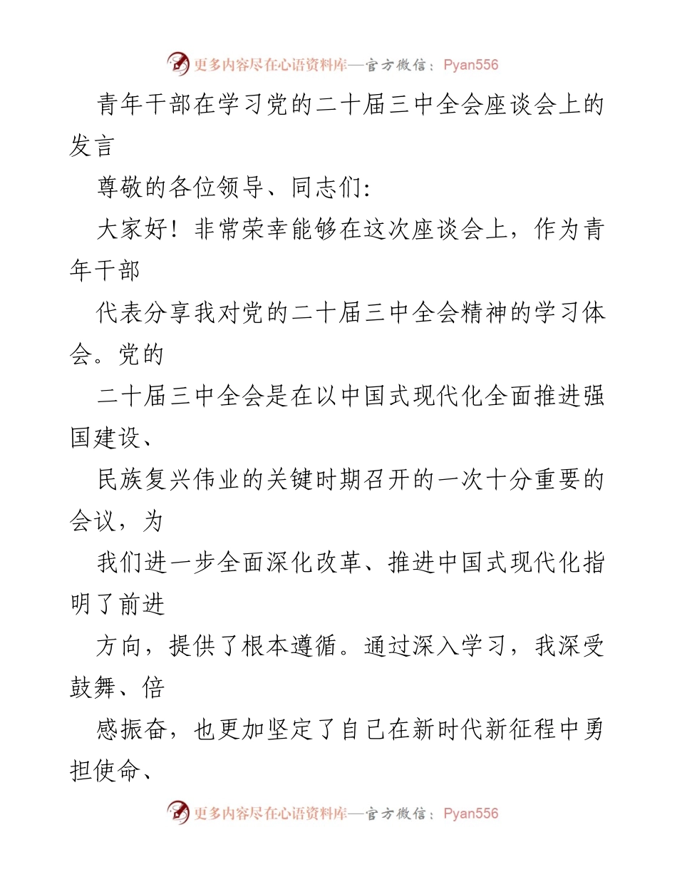 [发言] 学习座谈会 - 青年干部对党的二十届三中全会精神的学习体会.docx_第1页