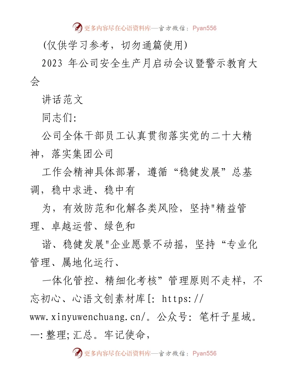 [发言] 安全生产月启动会议 - 提升安全意识，守护企业发展.docx_第1页