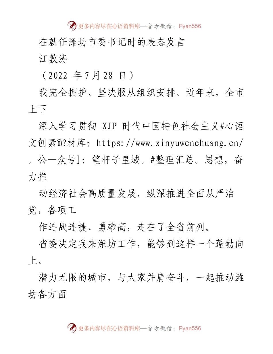 [发言] 就任潍坊市委书记 - 以政治定力推动潍坊高质量发展.docx_第1页