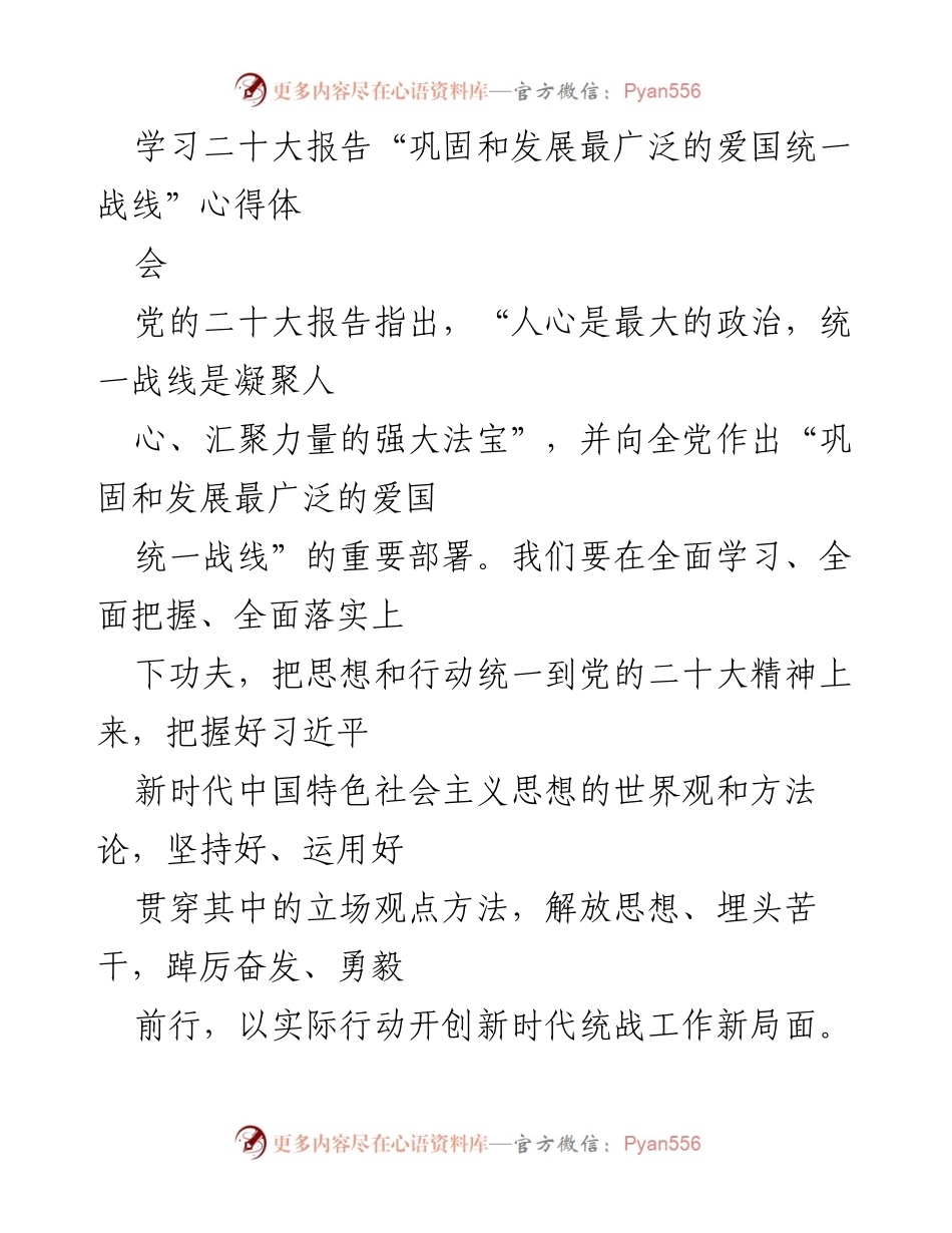 [发言] 学习心得体会 - 深入学习二十大报告，巩固爱国统一战线的实践与思考.docx_第1页