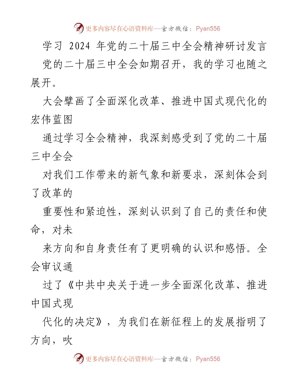 [发言] 学习研讨 - 深入理解党的二十届三中全会精神与改革方向.docx_第1页