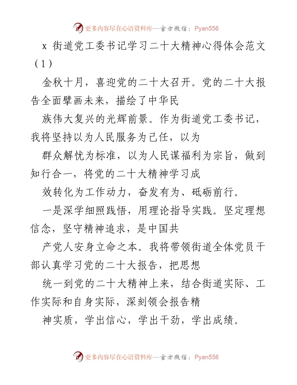 [发言] 学习贯彻党的二十大精神 - 街道党工委书记的心得体会.docx_第1页