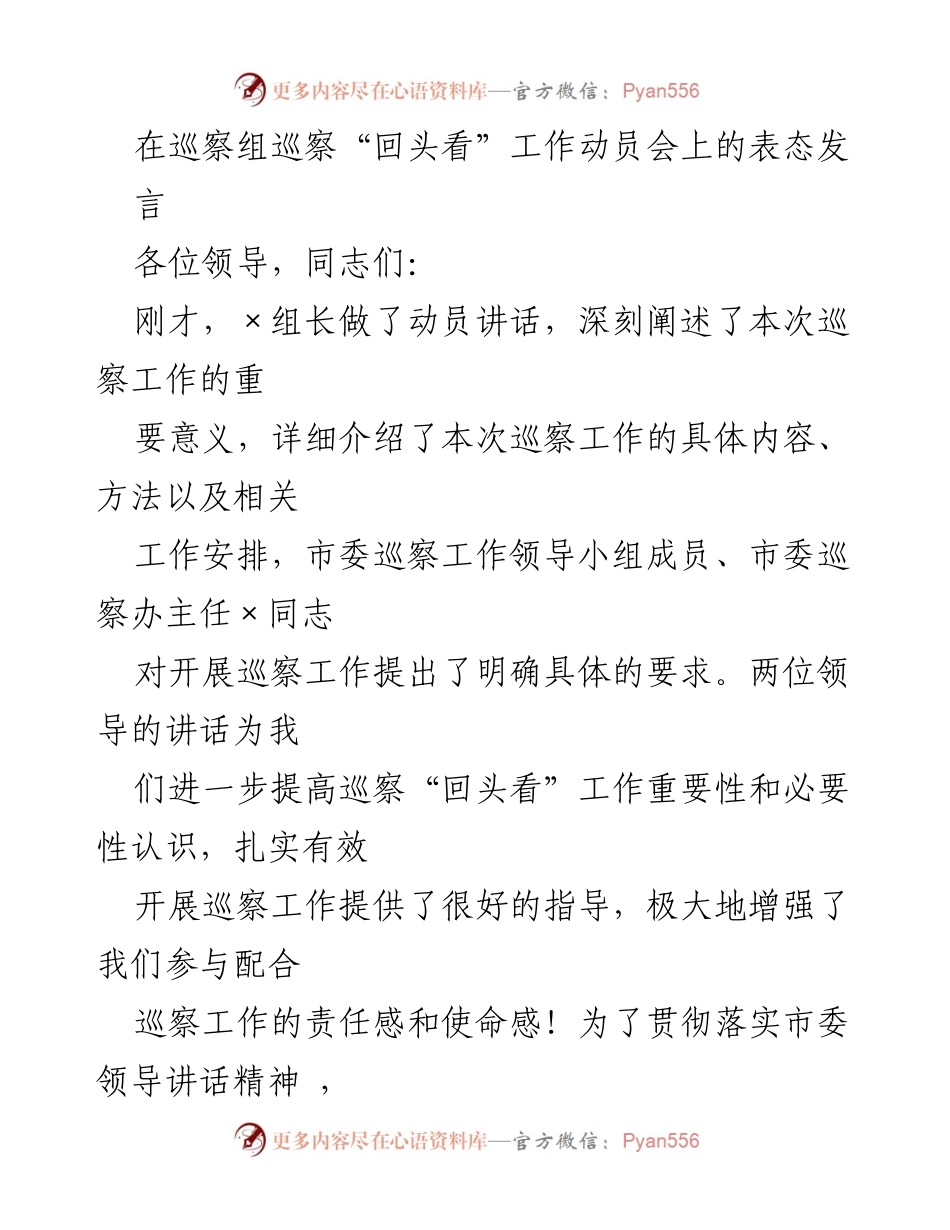 [发言] 巡察工作动员会 - 坚决支持巡察“回头看”工作，增强责任感与使命感.docx_第1页