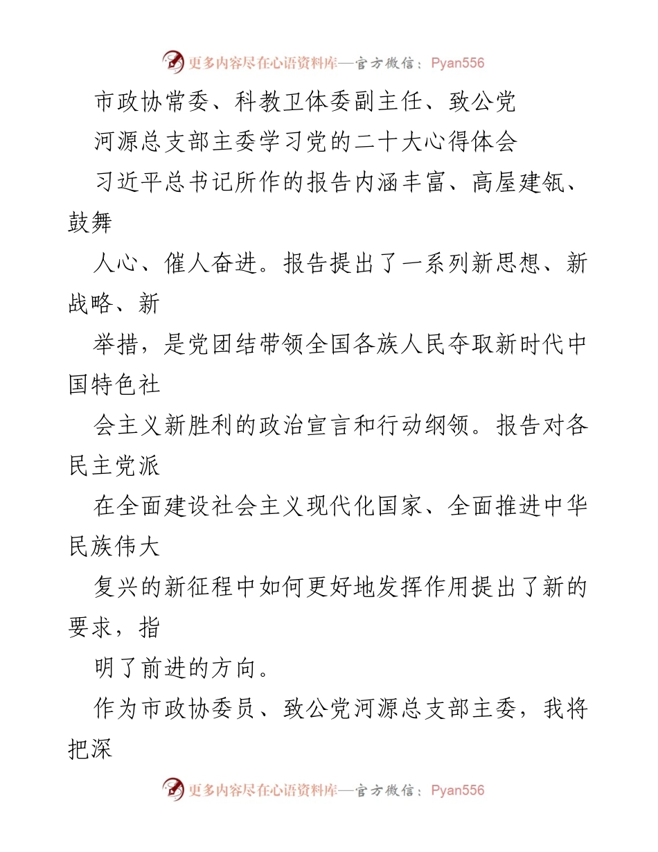 [发言] 学习党的二十大心得体会 - 深入学习贯彻中共二十大精神，推动河源高质量发展.docx_第1页