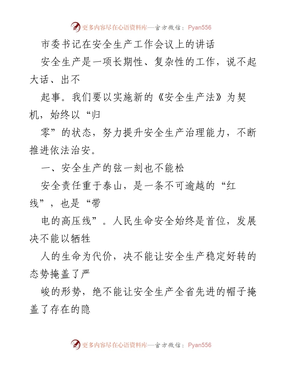 [发言] 安全生产工作会议 - 确保安全生产责任落实与法治宣传.docx_第1页