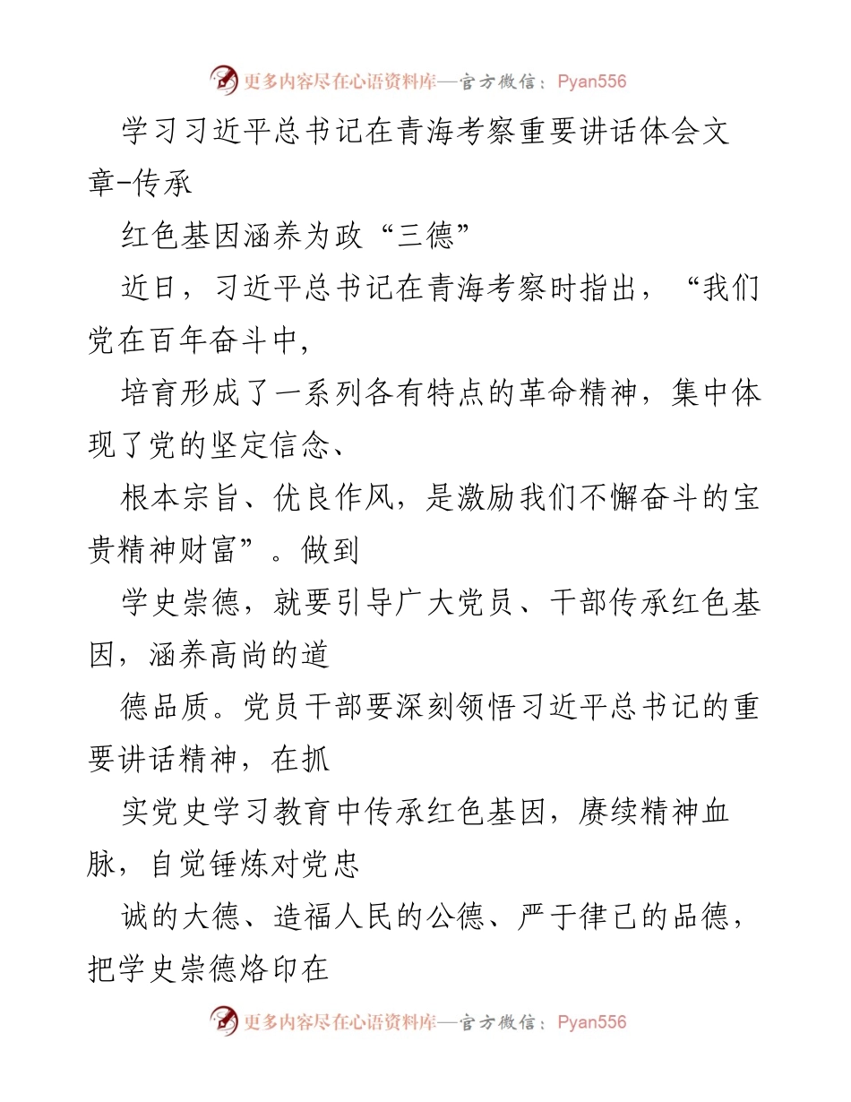 [发言] 学习体会 - 深刻领悟习近平总书记青海考察讲话精神，传承红色基因.docx_第1页
