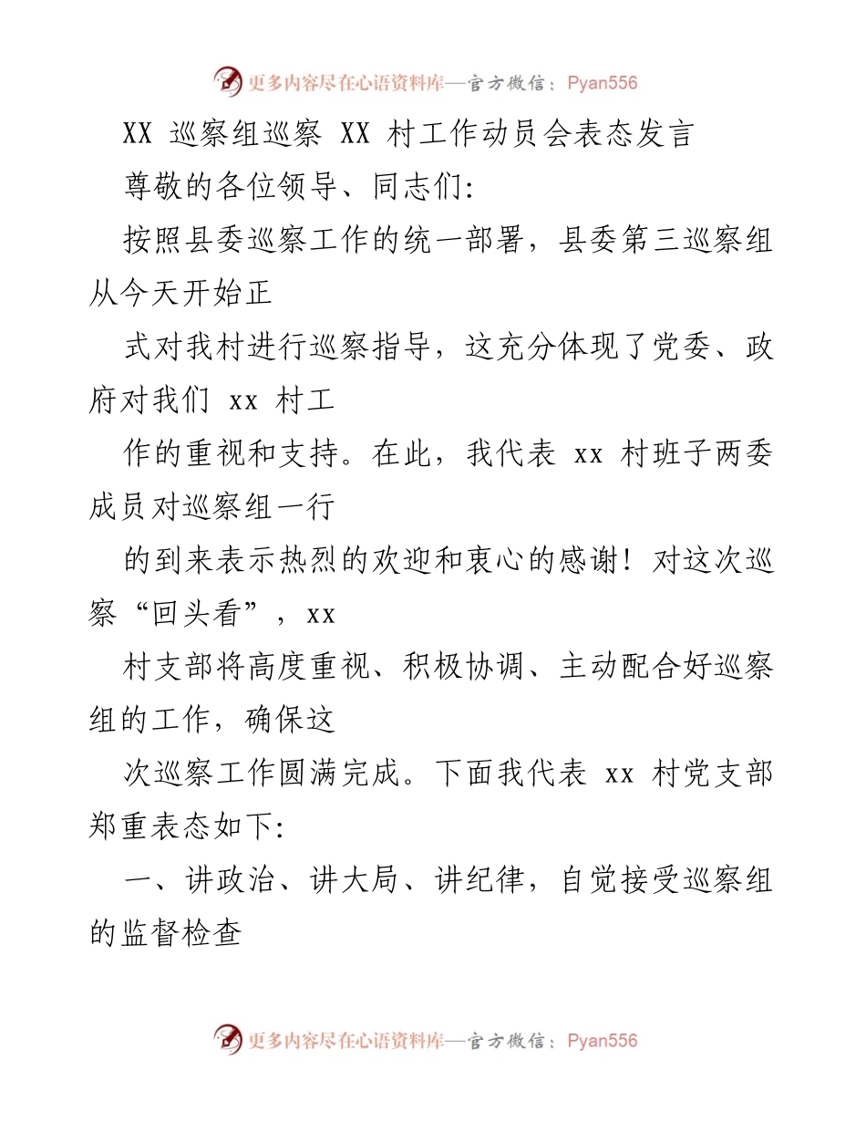 [发言] 巡察工作动员会 - XX村巡察工作动员表态发言.docx_第1页