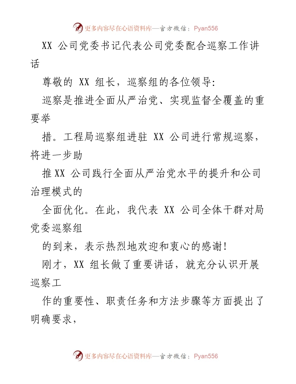 [发言] 巡察工作 - XX 公司党委书记对巡察工作的表态发言.docx_第1页