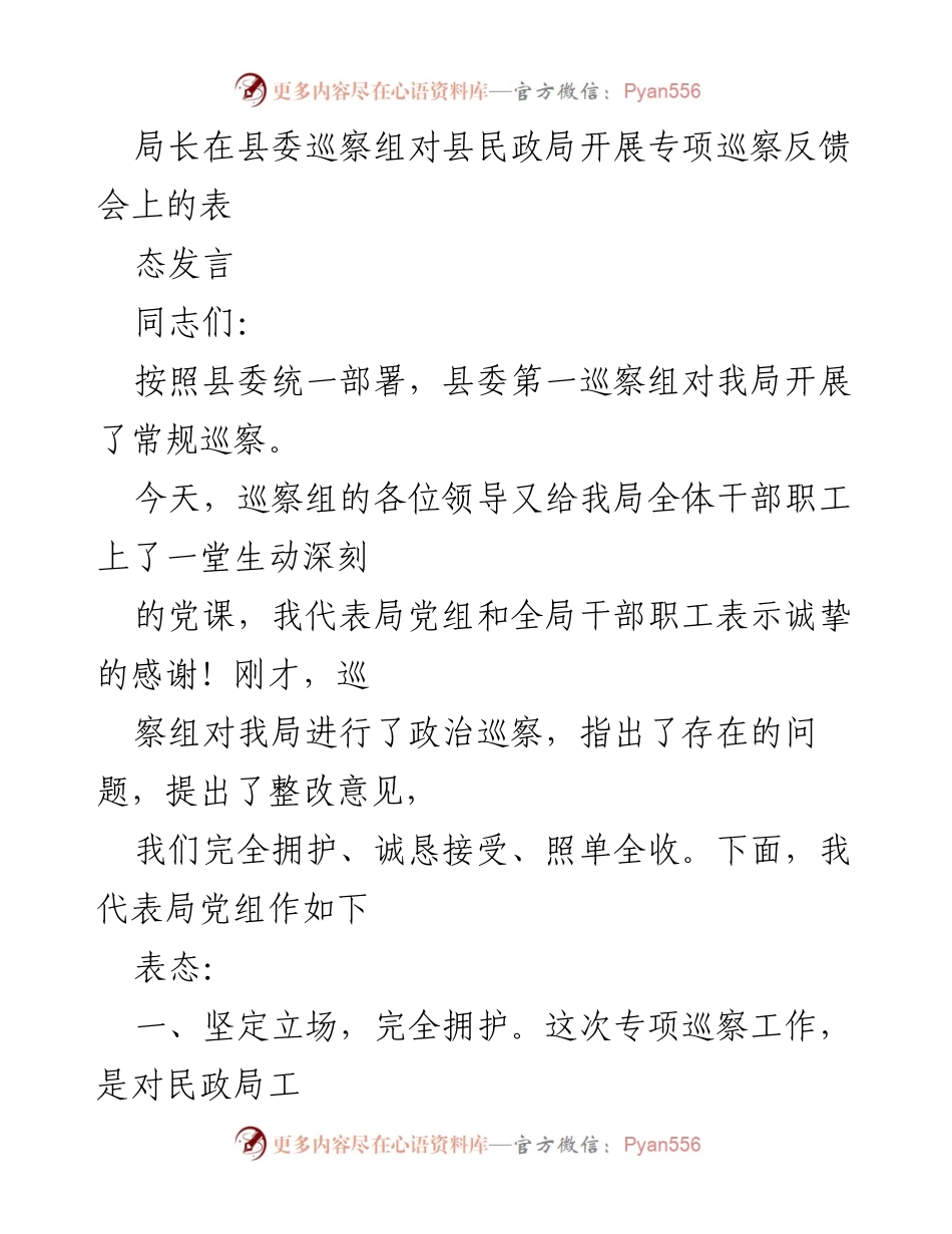 [发言] 巡察反馈会 - 民政局党组对专项巡察反馈的表态发言.docx_第1页