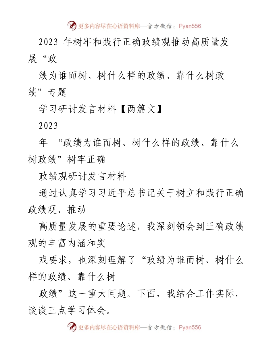 [发言] 学习研讨 - 树牢正确政绩观，推动高质量发展.docx_第1页