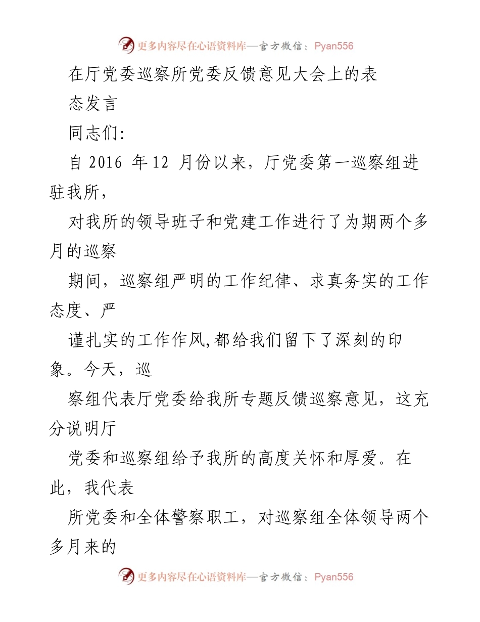 [发言] 巡察反馈大会 - 深刻领会巡察意见，推动党建工作创新发展.docx_第1页