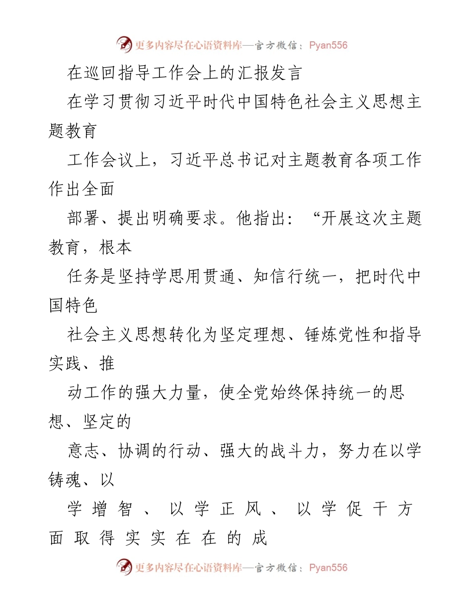 [发言] 巡回指导工作会 - 深入学习贯彻习近平新时代中国特色社会主义思想的主题教育汇报.docx_第1页