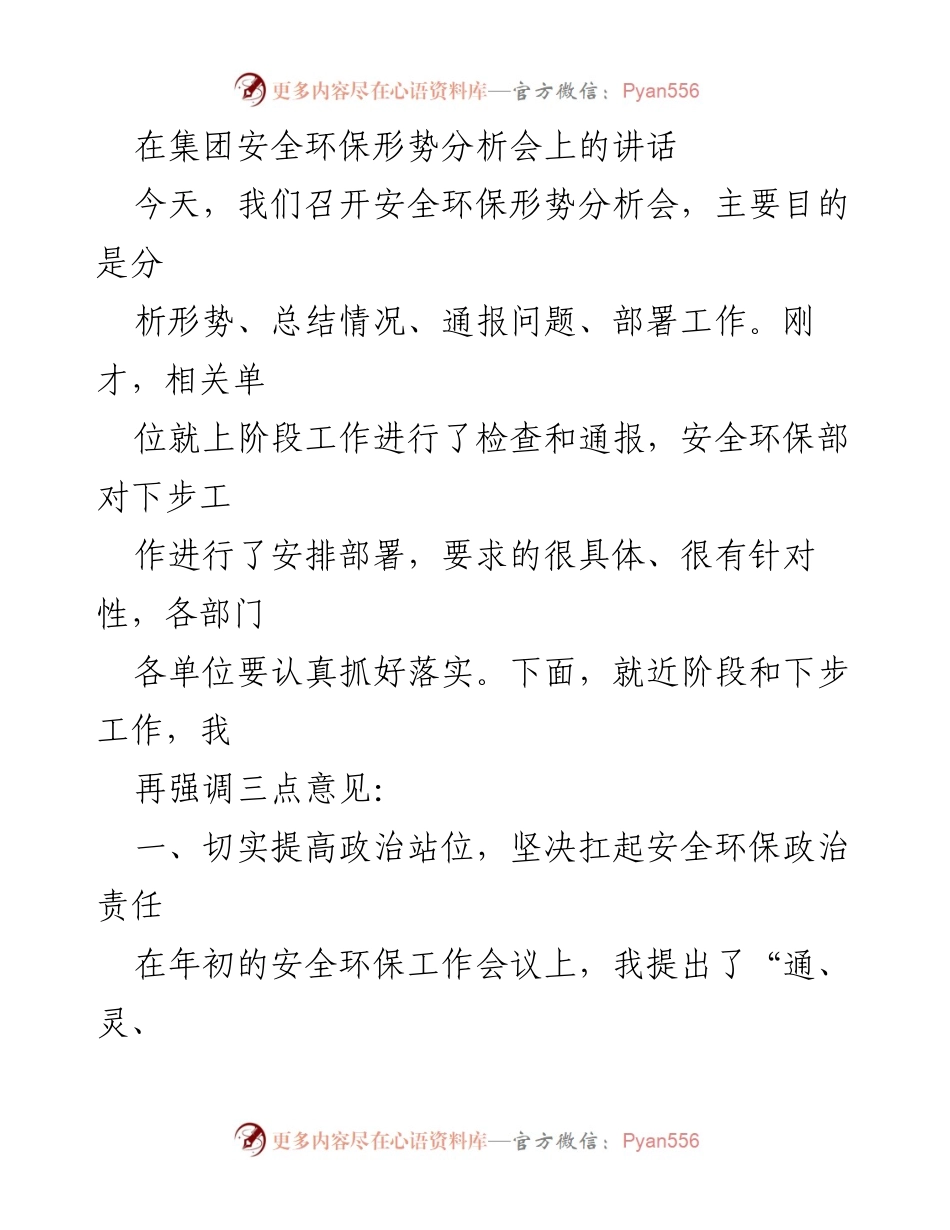 [发言] 安全环保形势分析会 - 提高政治站位，坚决扛起安全环保责任.docx_第1页