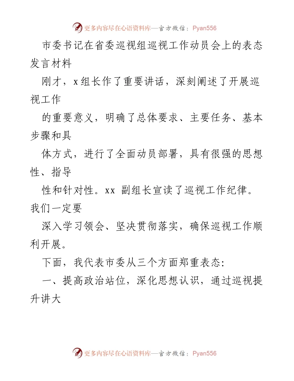 [发言] 州巡视工作动员会 - 市委书记表态发言：坚决支持巡视工作，提升政治自觉与务实作风.docx_第1页