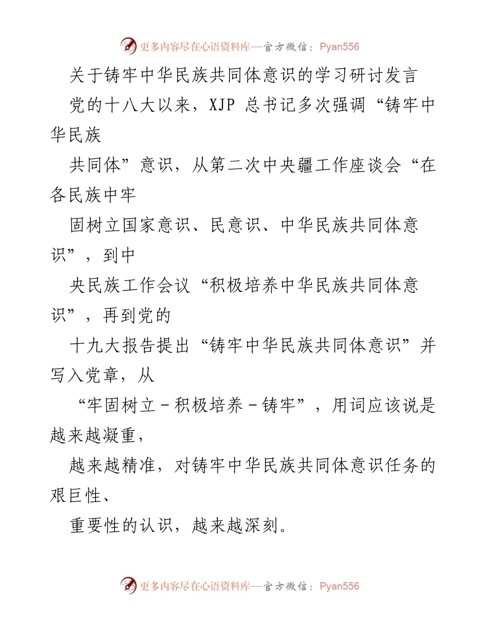 [发言] 学习研讨会 - 铸牢中华民族共同体意识的重要性与实践路径.docx_第1页
