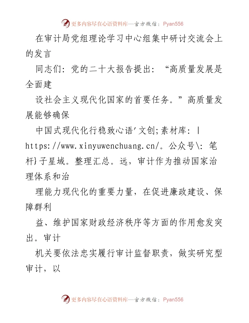 [发言] 审计局党组理论学习中心组集中研讨交流会 - 加强审计监督，推动高质量发展与党风廉政建设.docx_第1页