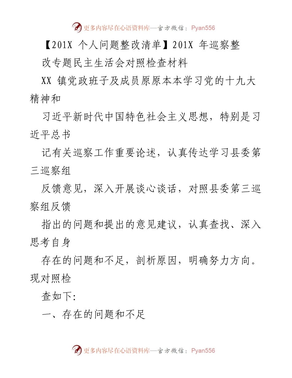 [发言] 巡察整改专题民主生活会 - 201X年巡察整改问题自查与整改措施总结.docx_第1页