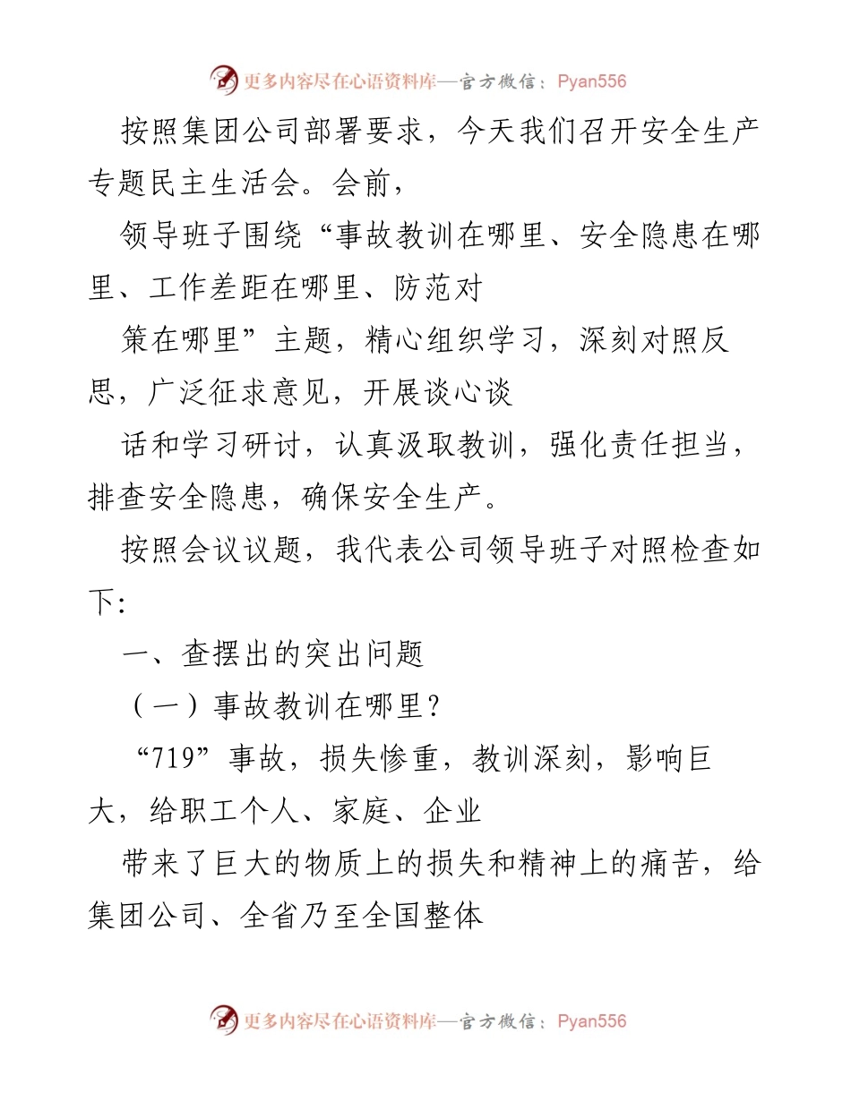 [发言] 安全生产专题民主生活会 - 深刻反思安全隐患，强化责任担当.docx_第1页