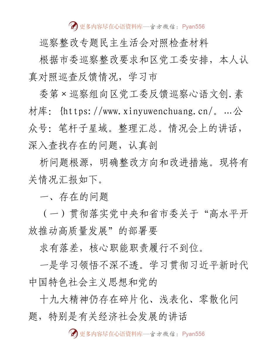 [发言] 巡察整改专题民主生活会 - 巡察整改中的问题剖析与改进措施.docx_第1页