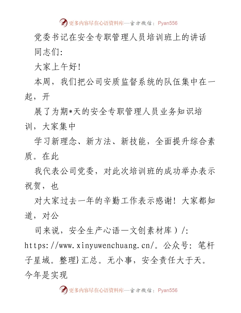 [发言] 安全专职管理人员培训班 - 强化安全责任，提升管理能力_1.docx_第1页