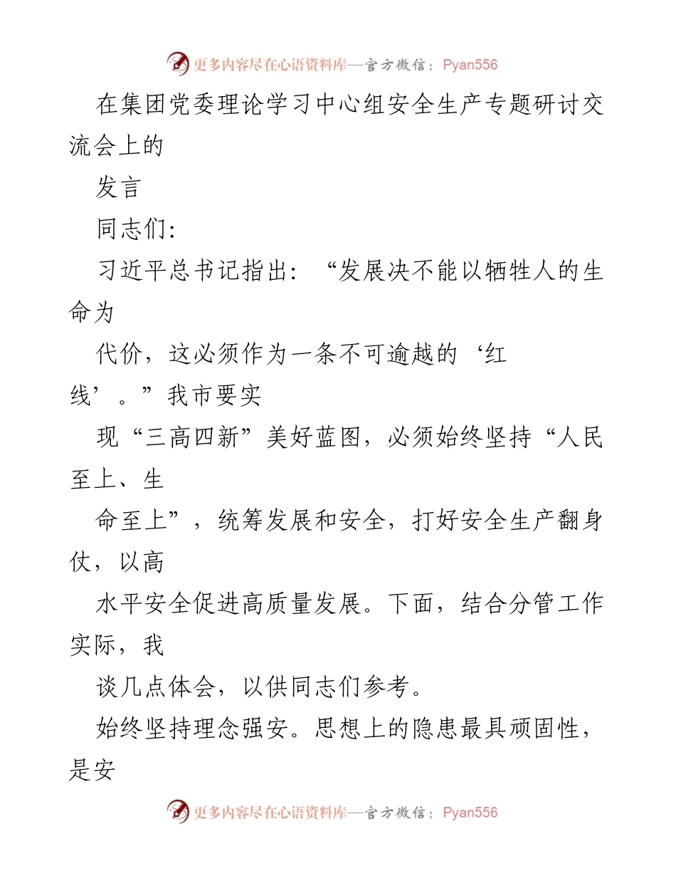 [发言] 安全生产专题研讨交流会 - 强化安全生产理念与责任，推动高质量发展.docx_第1页