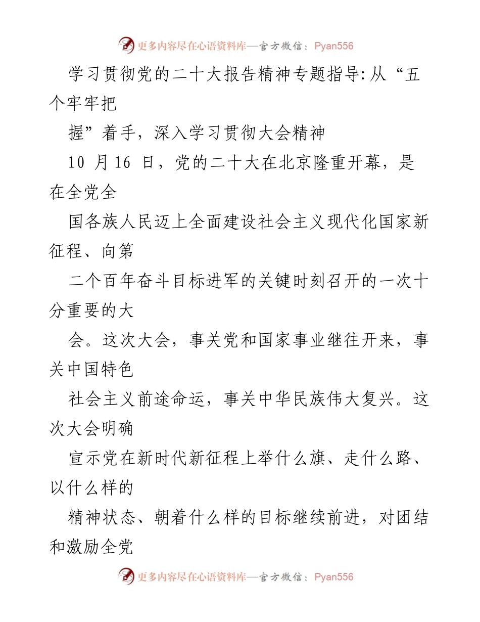 [发言] 学习贯彻党的二十大报告精神专题指导 - 深入学习贯彻党的二十大精神的“五个牢牢把握”.docx_第1页