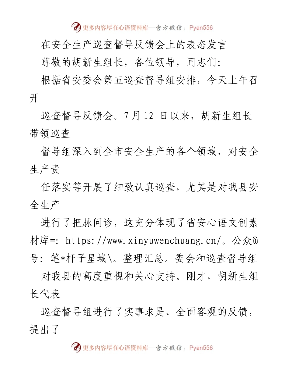 [发言] 安全生产巡查督导反馈会 - 深化认识、狠抓整改，推动安全生产工作落实.docx_第1页