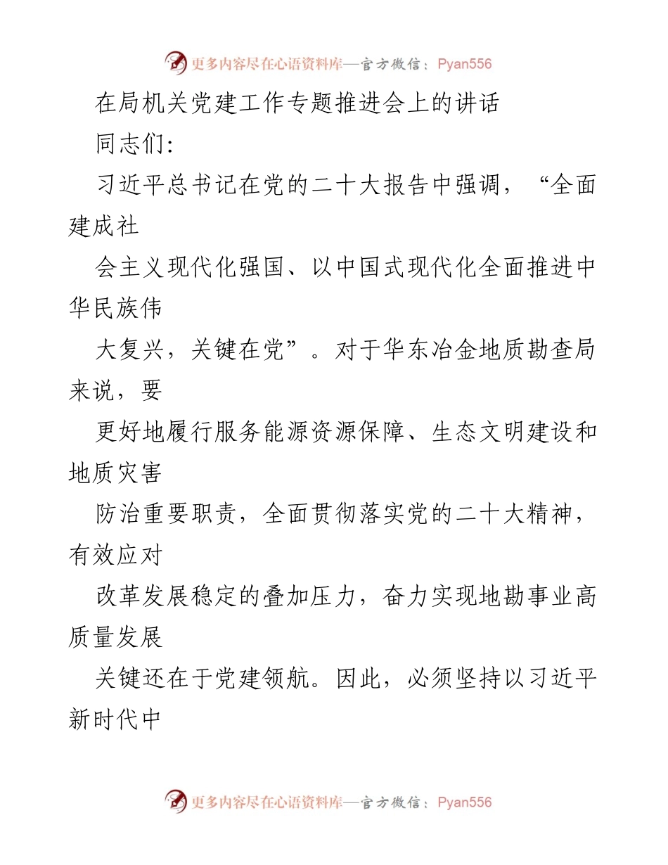 [发言] 局机关党建工作专题推进会 - 党建领航，推动地勘事业高质量发展.docx_第1页