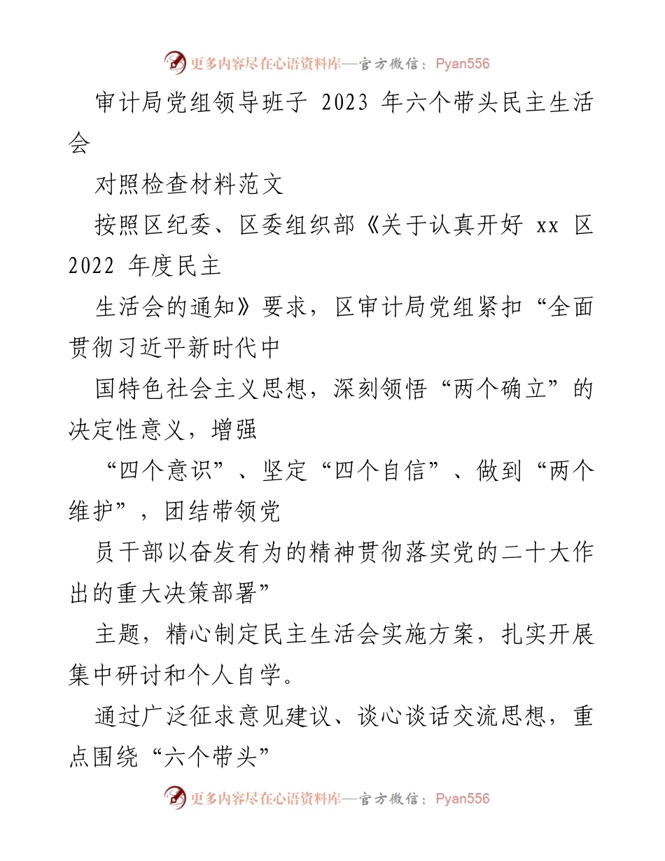 [发言] 审计局党组民主生活会 - 2023年审计局党组民主生活会对照检查材料总结_1.docx_第1页