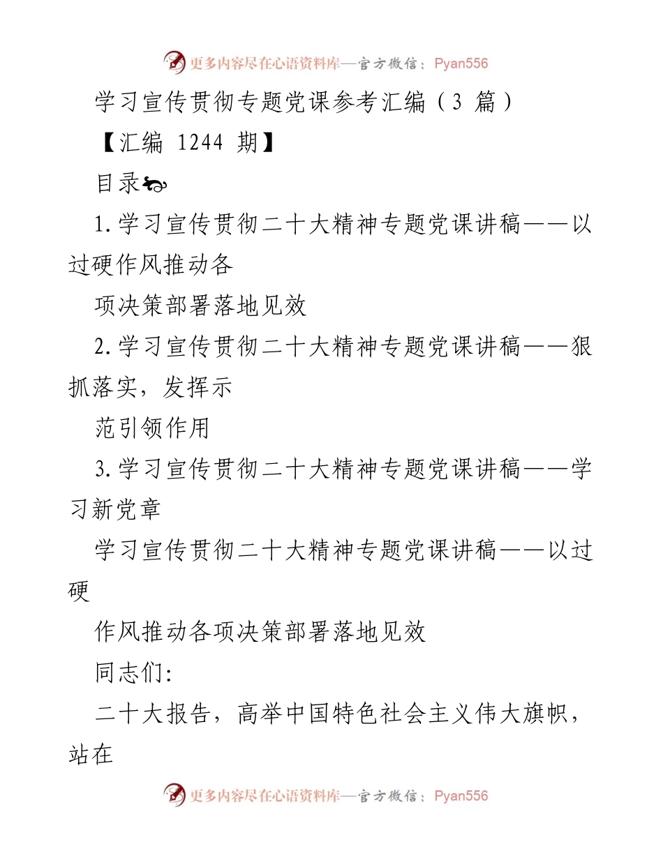 [发言] 学习宣传贯彻二十大精神专题党课 - 学习宣传贯彻二十大精神，推动决策部署落地见效.docx_第1页