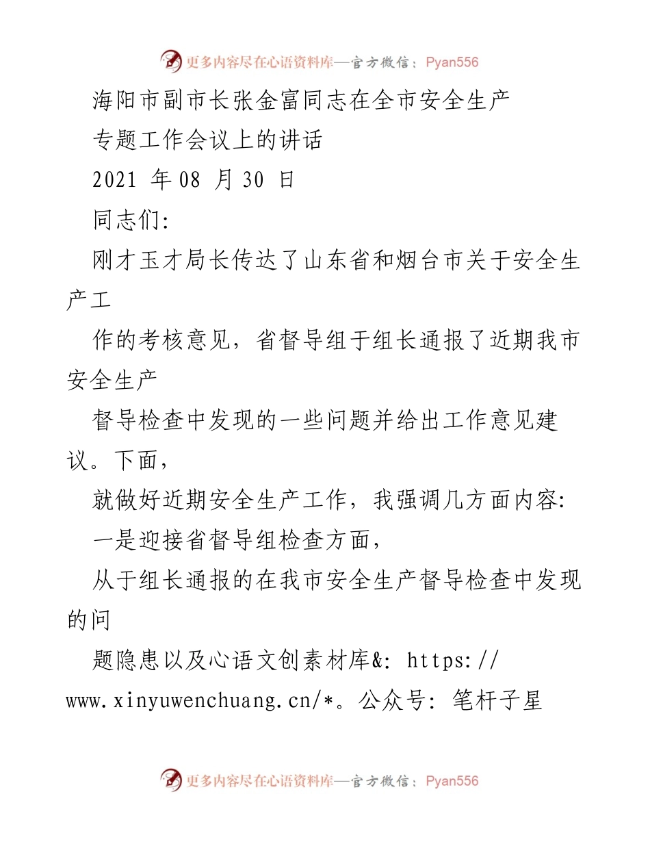 [发言] 安全生产专题工作会议 - 张金富副市长强调安全生产工作的重要性与责任落实.docx_第1页