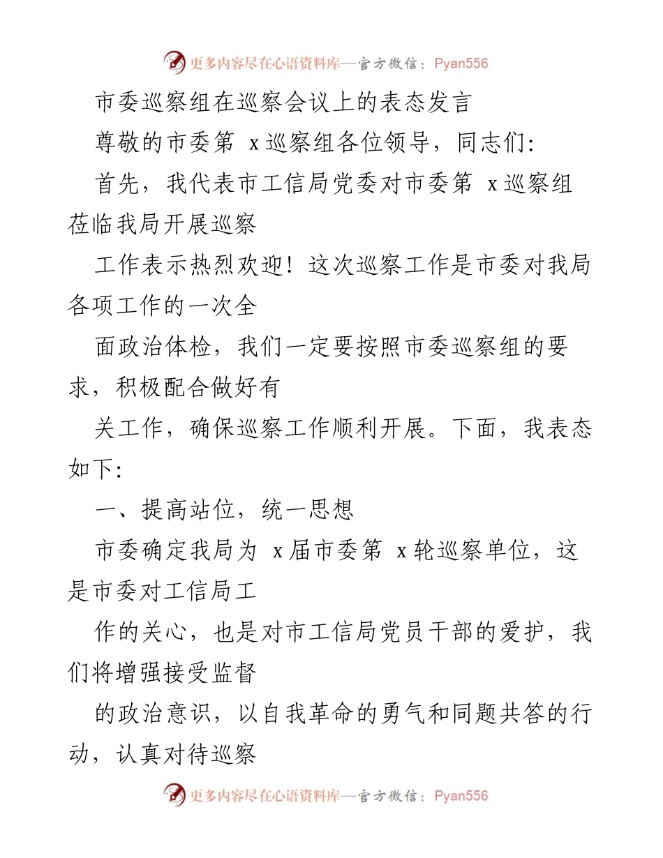 [发言] 巡察会议 - 市工信局对市委巡察组的表态发言_1.docx_第1页