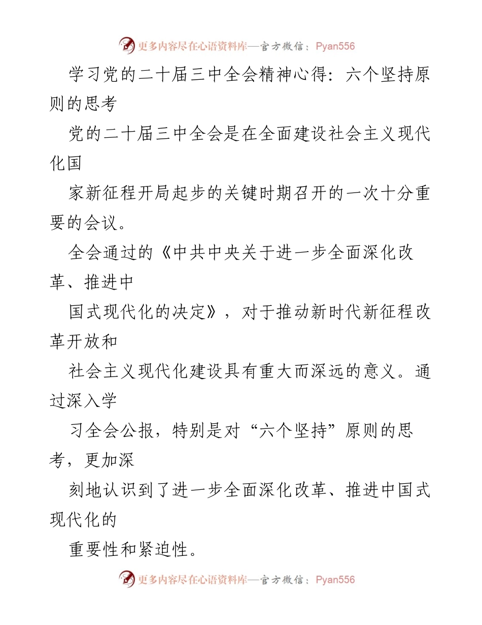 [发言] 学习贯彻党的二十届三中全会精神 - 深入理解“六个坚持”原则，推动中国式现代化落实.docx_第1页