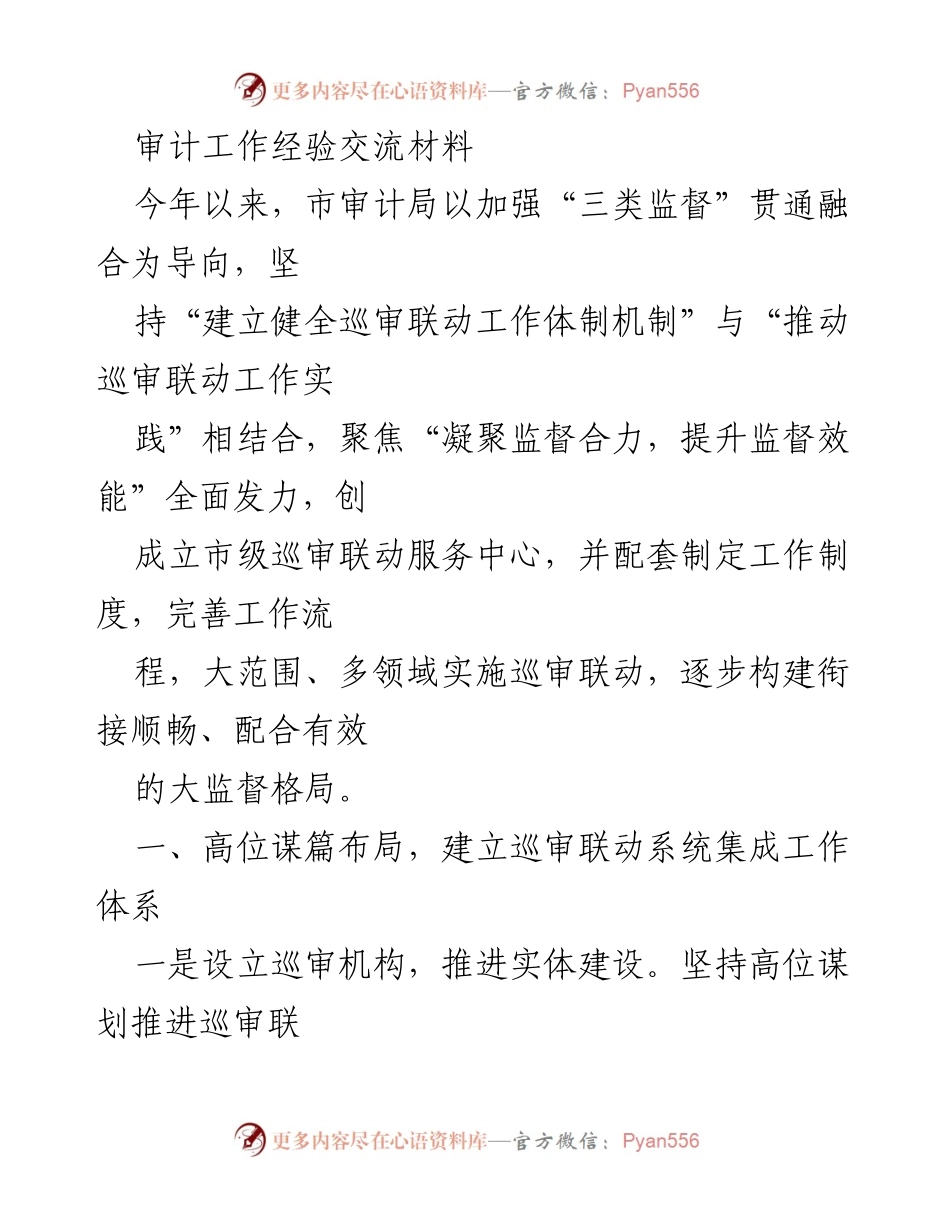 [发言] 审计工作经验交流会 - 加强巡审联动，提升监督效能的实践与探索.docx_第1页