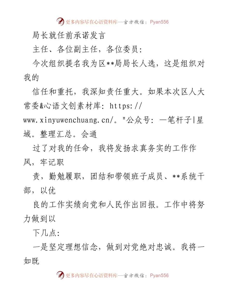 [发言] 就任仪式 - 局长就任前的承诺与工作展望.docx_第1页