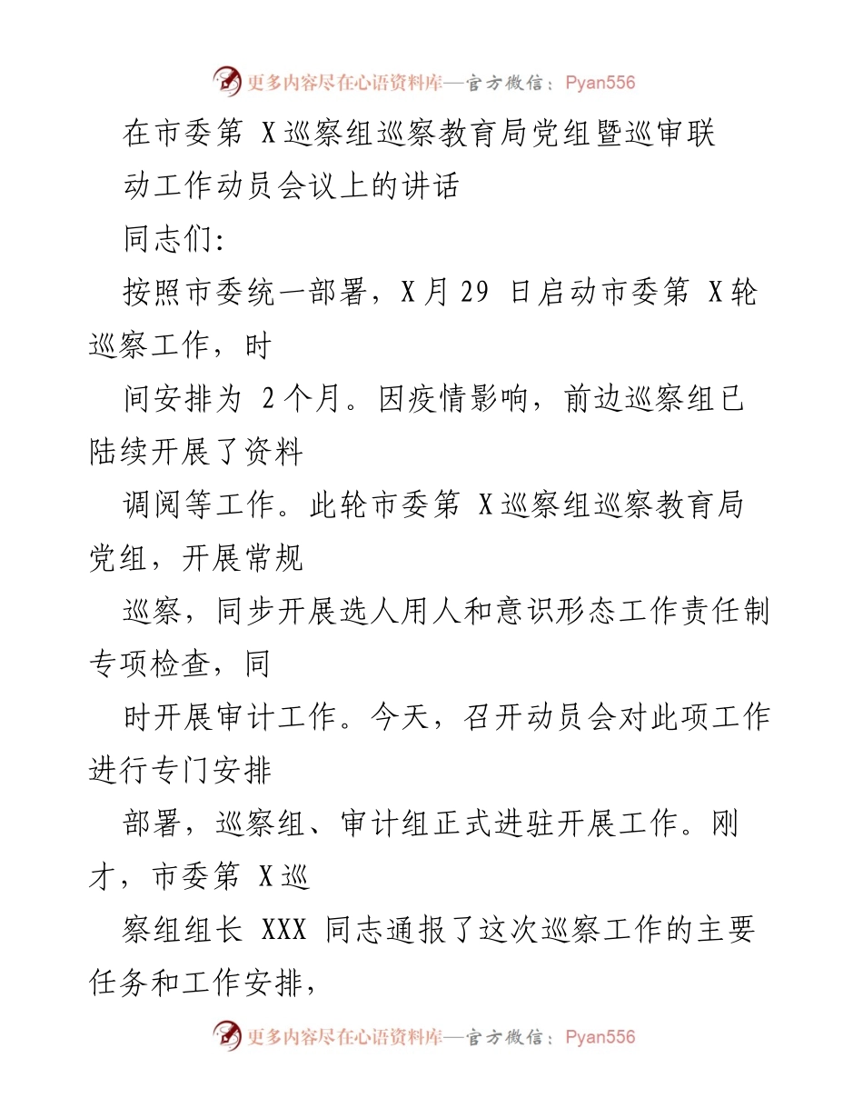 [发言] 巡察工作动员会议 - 深刻认识巡察工作的重要性与责任.docx_第1页