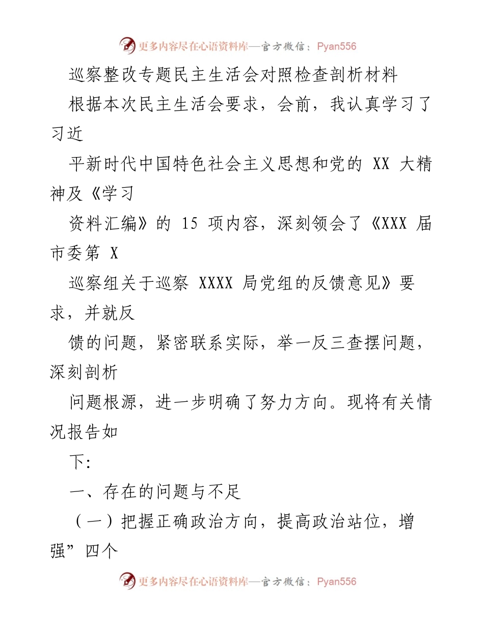 [发言] 巡察整改专题民主生活会 - 巡察反馈问题的深刻剖析与整改方向_1.docx_第1页