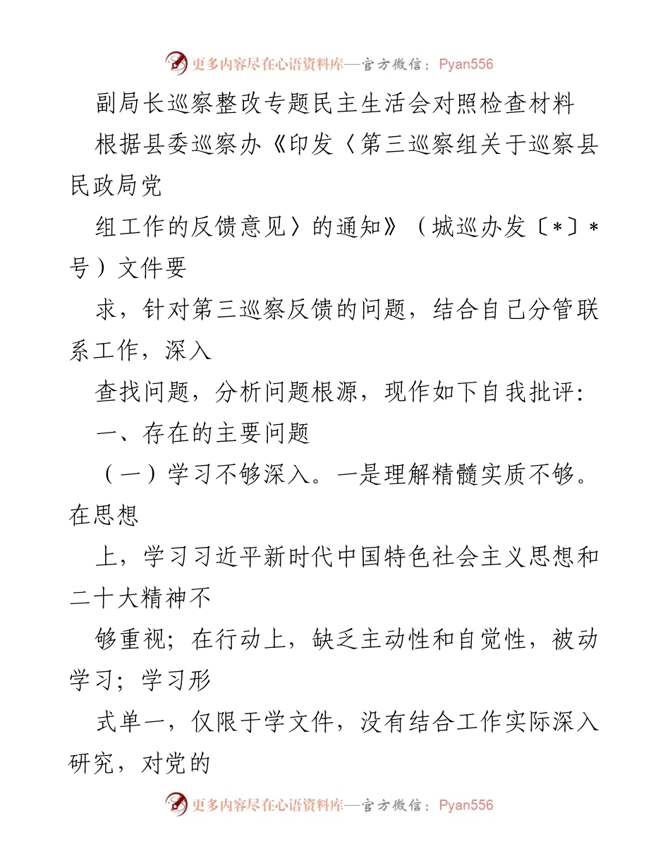 [发言] 巡察整改专题民主生活会 - 副局长对巡察反馈问题的自我批评与整改措施.docx_第1页