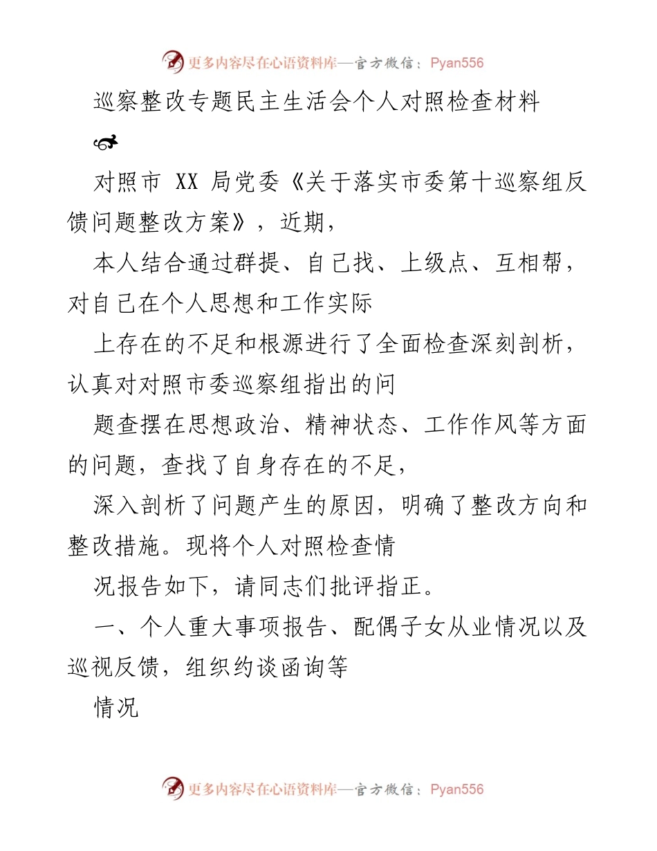 [发言] 巡察整改专题民主生活会 - 个人对照检查材料及整改措施分析.docx_第1页