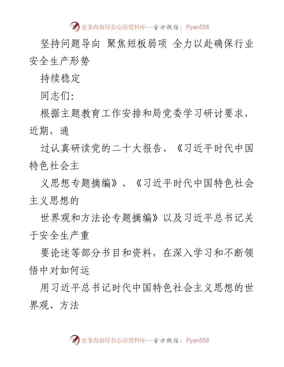 [发言] 学习研讨会 - 坚持问题导向，聚焦短板，确保行业安全生产稳定.docx_第1页