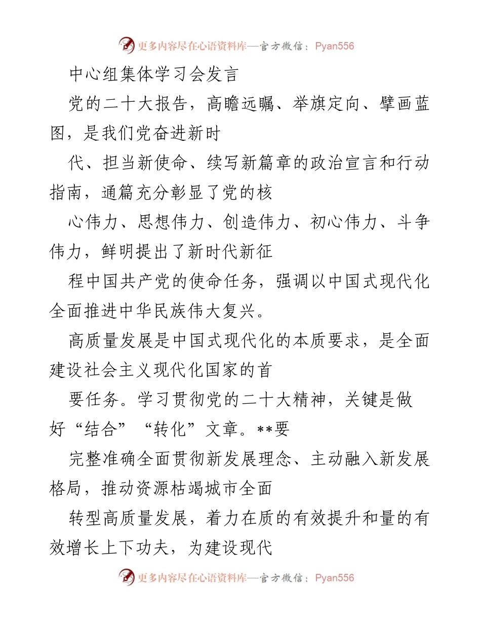 [发言] 学习会 - 深入贯彻党的二十大精神，推动高质量发展新征程.docx_第1页