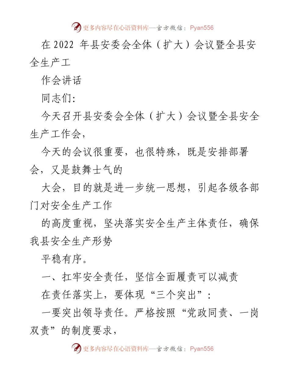 [发言] 安全生产工作会议 - 强化安全责任，确保生产安全.docx_第1页