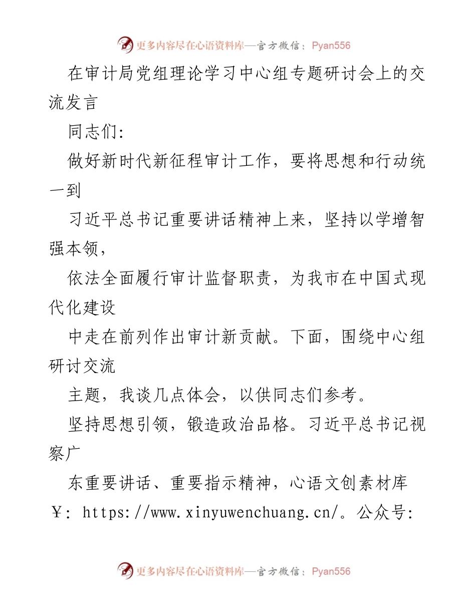 [发言] 审计局党组理论学习中心组专题研讨会 - 深入贯彻习近平总书记重要讲话精神，提升审计工作质量与效能.docx_第1页