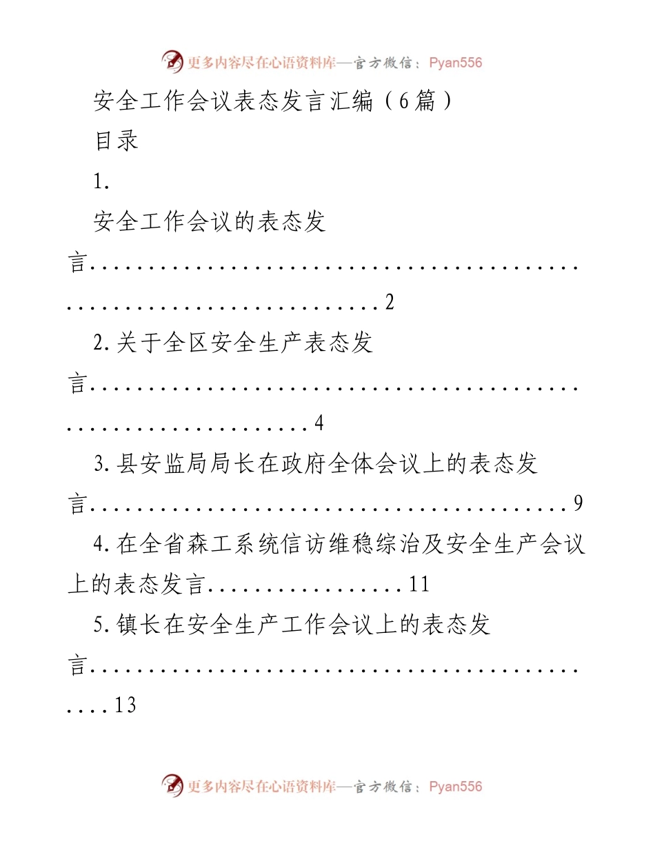 [发言] 安全工作会议 - 安全生产工作表态发言汇编.docx_第1页