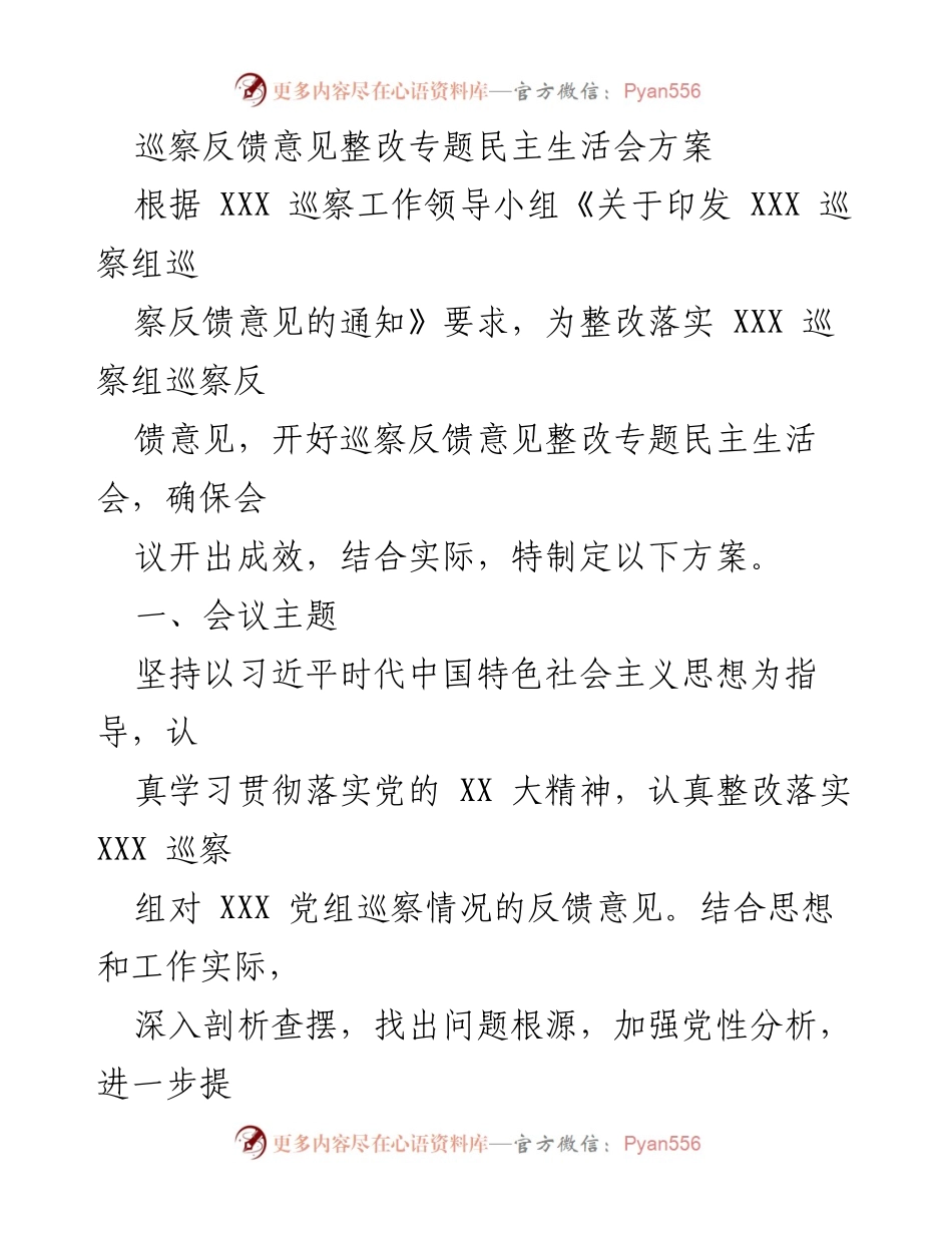 [发言] 巡察反馈意见整改专题民主生活会 - 巡察反馈整改专题民主生活会方案.docx_第1页
