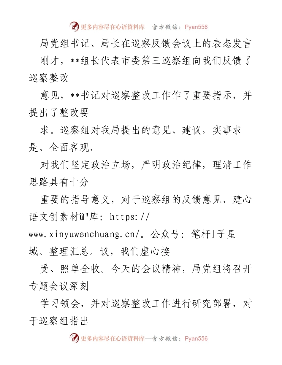 [发言] 巡察反馈会议 - 局党组书记表态发言：全力推进整改落实.docx_第1页