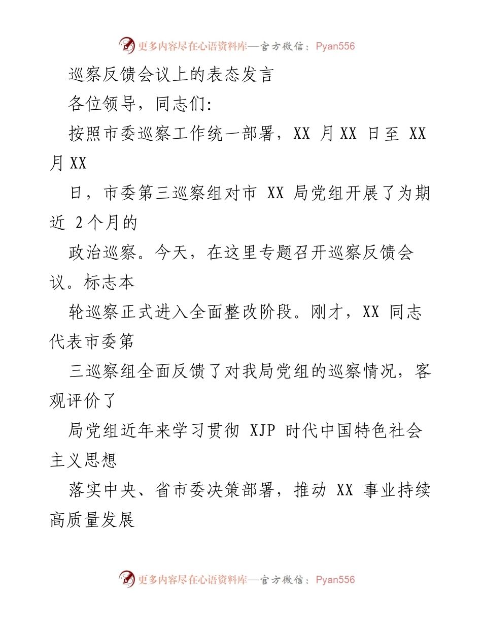 [发言] 巡察反馈会议 - 坚决落实巡察整改，推动高质量发展.docx_第1页
