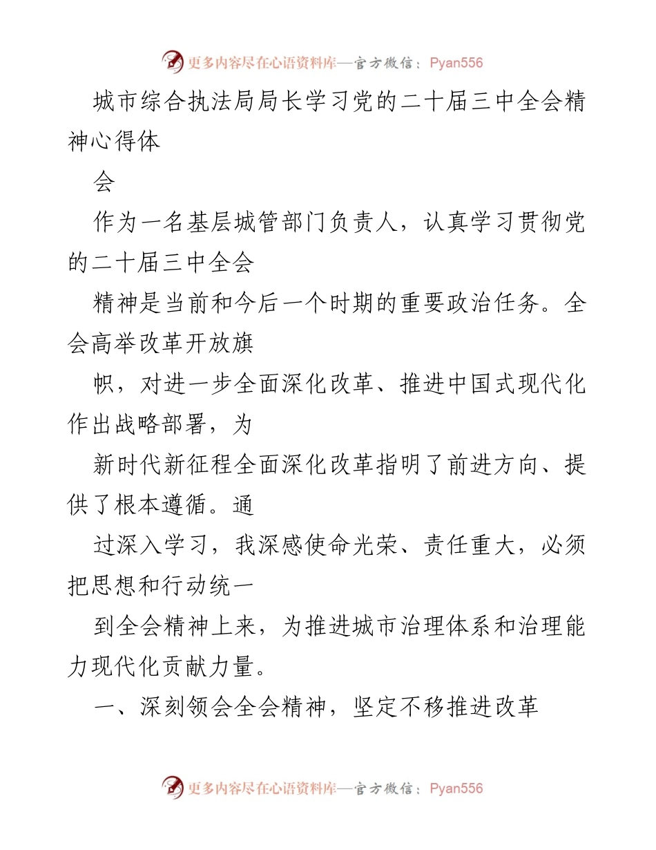 [发言] 学习心得体会 - 深入学习党的二十届三中全会精神，推动城市治理现代化.docx_第1页