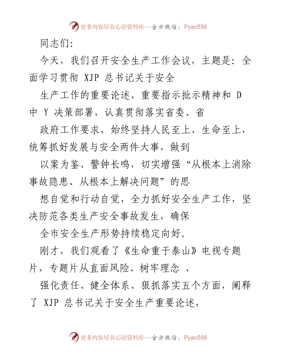 [发言] 安全生产工作会议 - 深入学习贯彻安全生产重要论述，坚守人民生命至上理念.docx_第1页