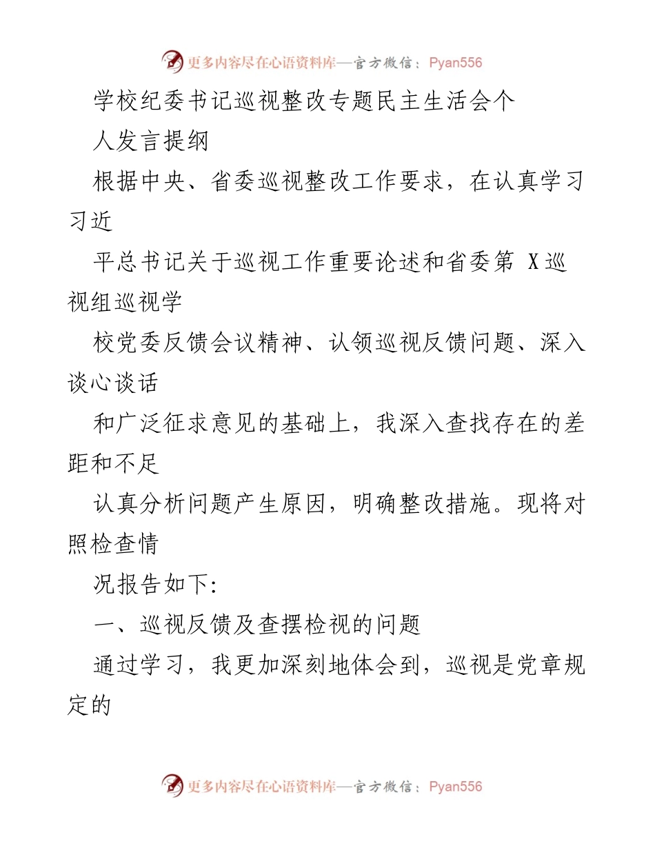 [发言] 学校纪委书记巡视整改专题民主生活会 - 巡视整改中的问题查摆与整改措施分析.docx_第1页